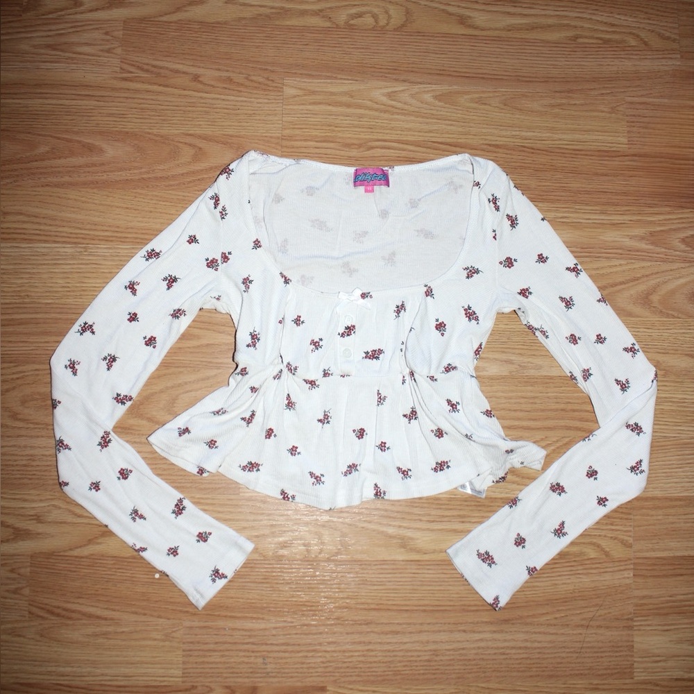 Edikted White Babydoll Floral Print Long Sleeve Top